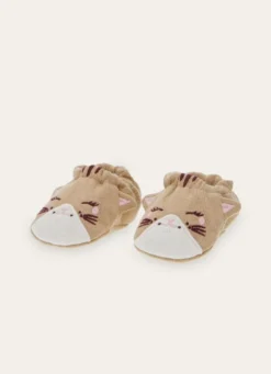 CHAUSSONS POUR BÉBÉ EN COTON AVEC TÊTE DE CHAT BEIGE