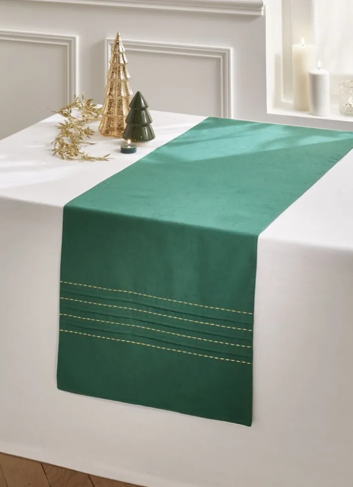 CHEMIN DE TABLE PLISSÉ BRODÉ FILS DORÉS VERT