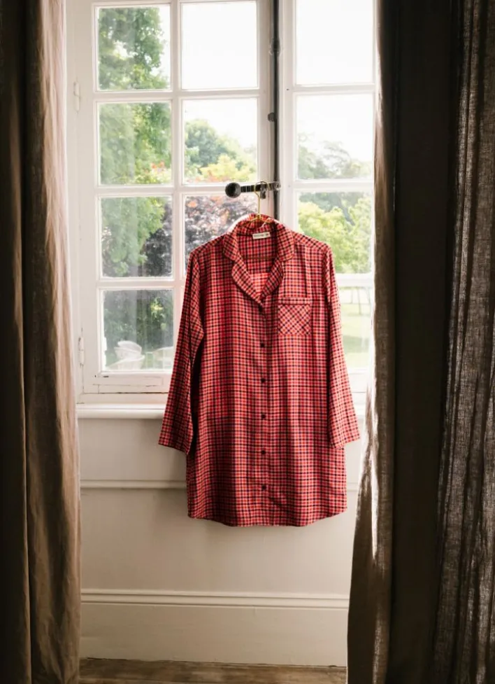CHEMISE DE NUIT À CARREAUX MANCHES LONGUES ROSE FONCE