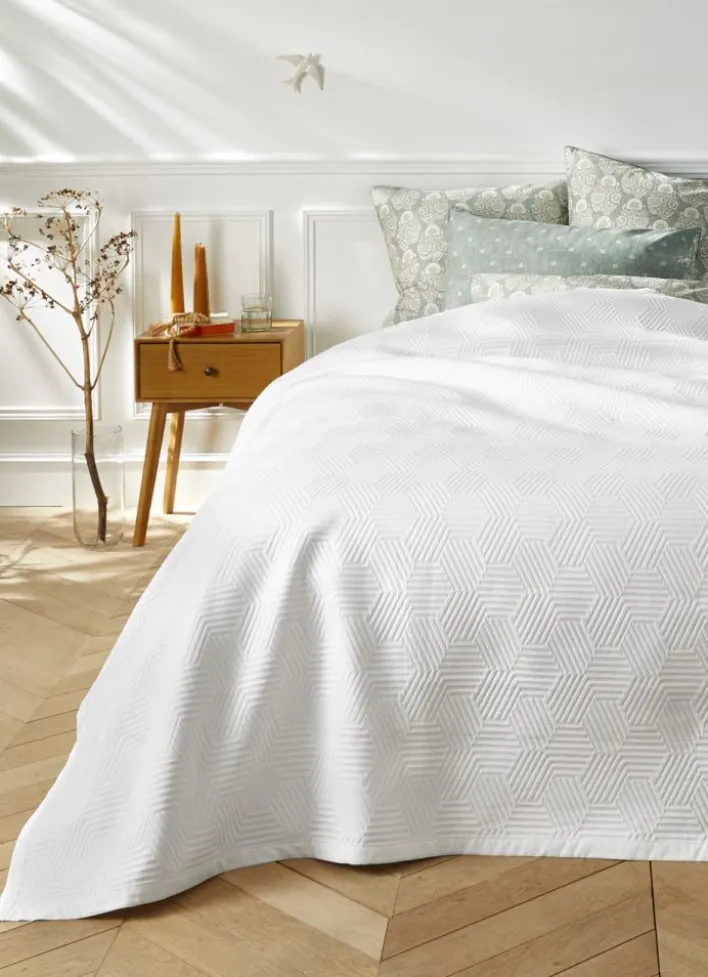 JETÉ DE LIT JACQUARD EN COTON MOTIFS GÉOMÉTRIQUE BLANC