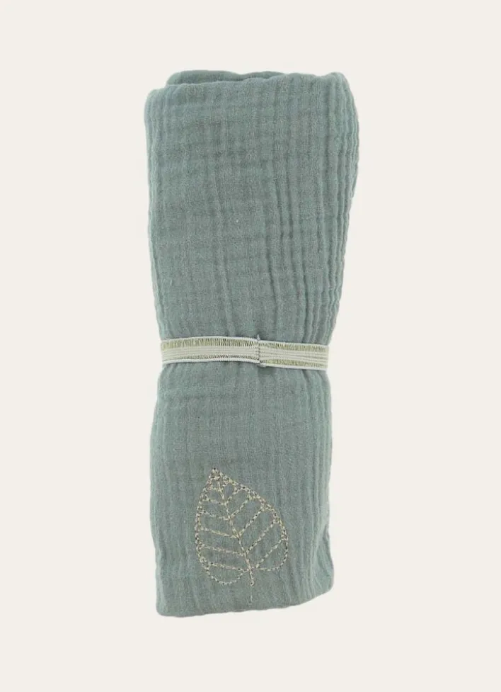 LANGE UNI EN GAZE DE COTON BRODERIE FEUILLE MOUSSE