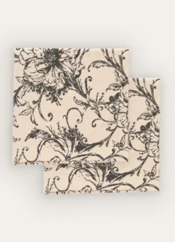 LOT DE 2 SERVIETTES DE TABLE FLEURIES ECRU ANTHRACITE