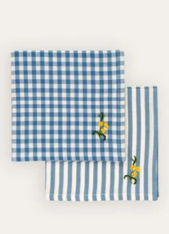 LOT DE 2 SERVIETTES DE TABLE VICHY BRODÉES BLEU