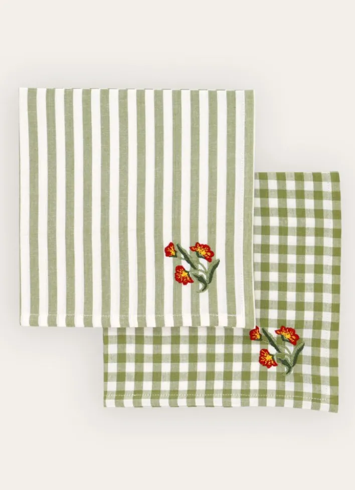 LOT DE 2 SERVIETTES DE TABLE VICHY BRODÉES VERT