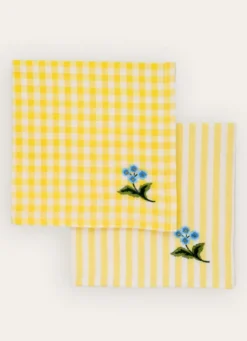 LOT DE 2 SERVIETTES DE TABLE VICHY BRODÉES JAUNE