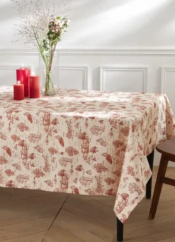 NAPPE EN COTON ANTI-TACHE SCÈNES D'HIVER NATUREL/ROUGE