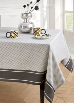 NAPPE EN COTON ENDUITE MOTIF FANTAISIE BLANC/GRIS