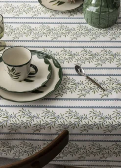 NAPPE EN COTON ENDUIT IMPRIMÉ RAYURES & OLIVIER MULTICOLORE/BLANC