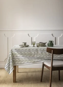 NAPPE EN COTON ENDUIT IMPRIMÉ RAYURES & OLIVIER MULTICOLORE/BLANC