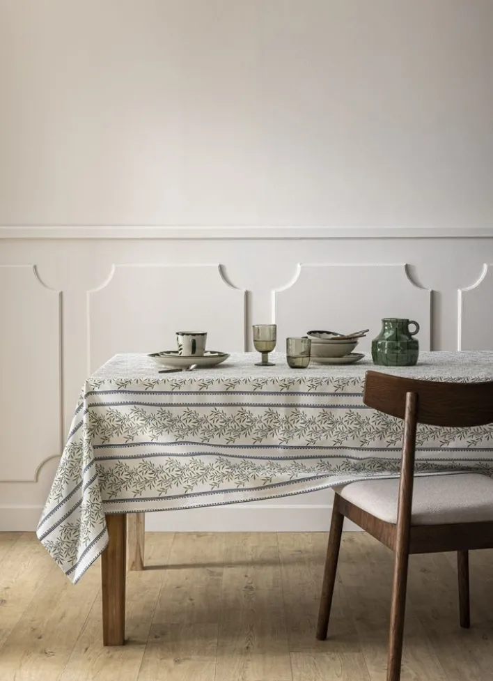 NAPPE EN COTON ENDUIT IMPRIMÉ RAYURES & OLIVIER MULTICOLORE/BLANC
