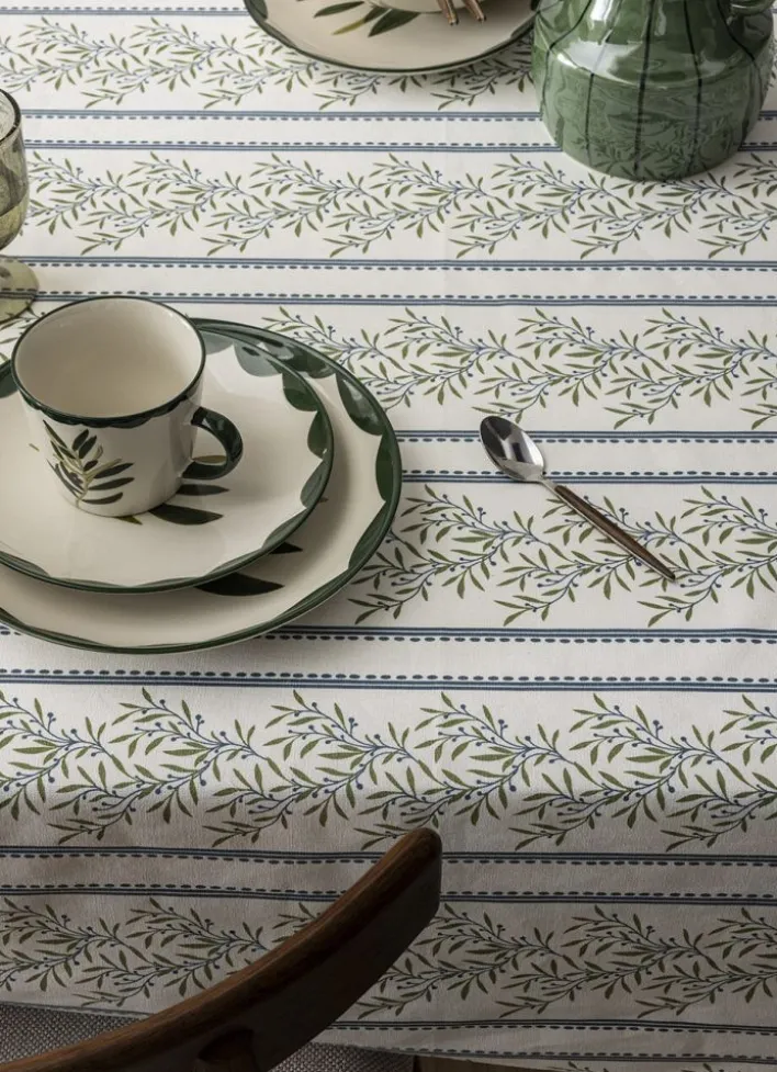 NAPPE EN COTON ENDUIT IMPRIMÉ RAYURES & OLIVIER MULTICOLORE/BLANC
