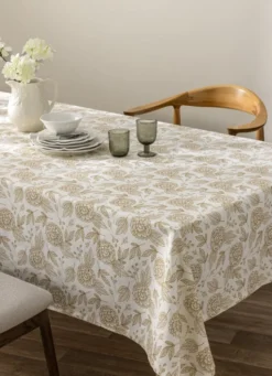 NAPPE EN COTON FLAMMÉ IMPRIMÉ FLORAL ECRU/JAUNE
