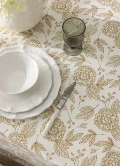 NAPPE EN COTON FLAMMÉ IMPRIMÉ FLORAL ECRU/JAUNE