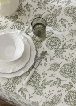 NAPPE EN COTON FLAMMÉ IMPRIMÉ FLORAL ECRU/KAKI