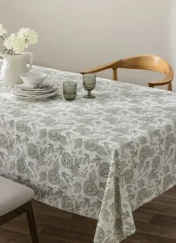 NAPPE EN COTON FLAMMÉ IMPRIMÉ FLORAL ECRU/KAKI