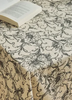 NAPPE EN COTON IMPRIMÉ MOTIF FLORAL ECRU