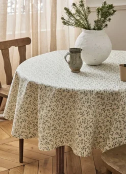 NAPPE ENDUITE À MOTIF VÉGÉTAL BEIGE / VERT THYM