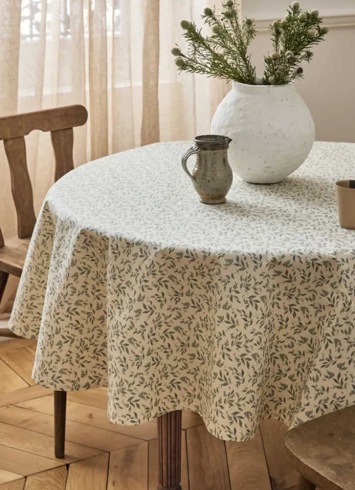 NAPPE ENDUITE À MOTIF VÉGÉTAL BEIGE / VERT THYM