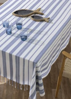 NAPPE RAYÉE TISSÉE-TEINT À FRANGES BLANC/BLEU