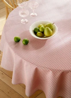 NAPPE RONDE EN COTON ENDUIT MOTIF FANTAISIE BLANC/ROUGE
