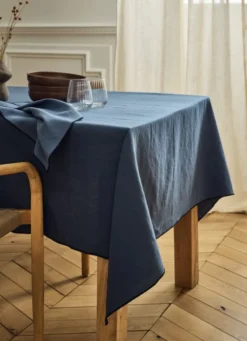 NAPPE UNIE À BOURDON CONTRASTÉ EN COTON ET LIN INDIGO