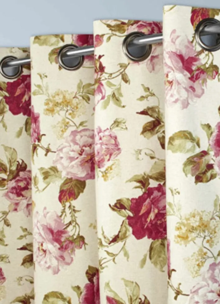 RIDEAU EN COTON ET LIN À MOTIFS FLEURS ROSE