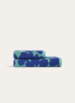 SERVIETTE DE TOILETTE JACQUARD BICOLORE FLEURIE BLEU/VERT