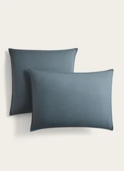 TAIE D'OREILLER UNIE EN COTON LAVÉ BIO GRIS BLEU