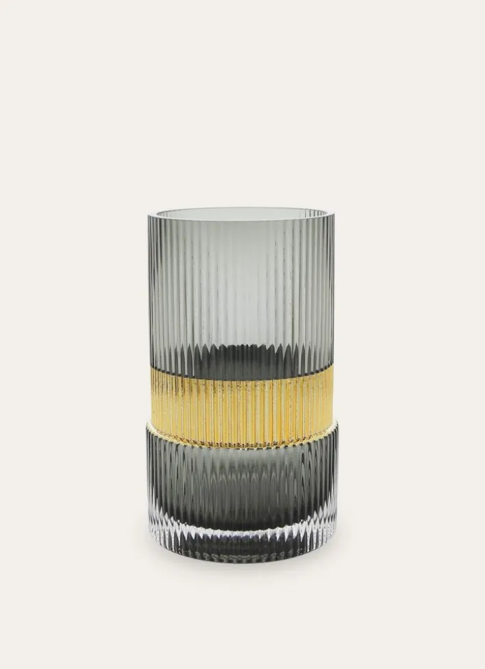 VASE EN VERRE STRIÉ ET CEINTURE DORÉE NOIR/DORE